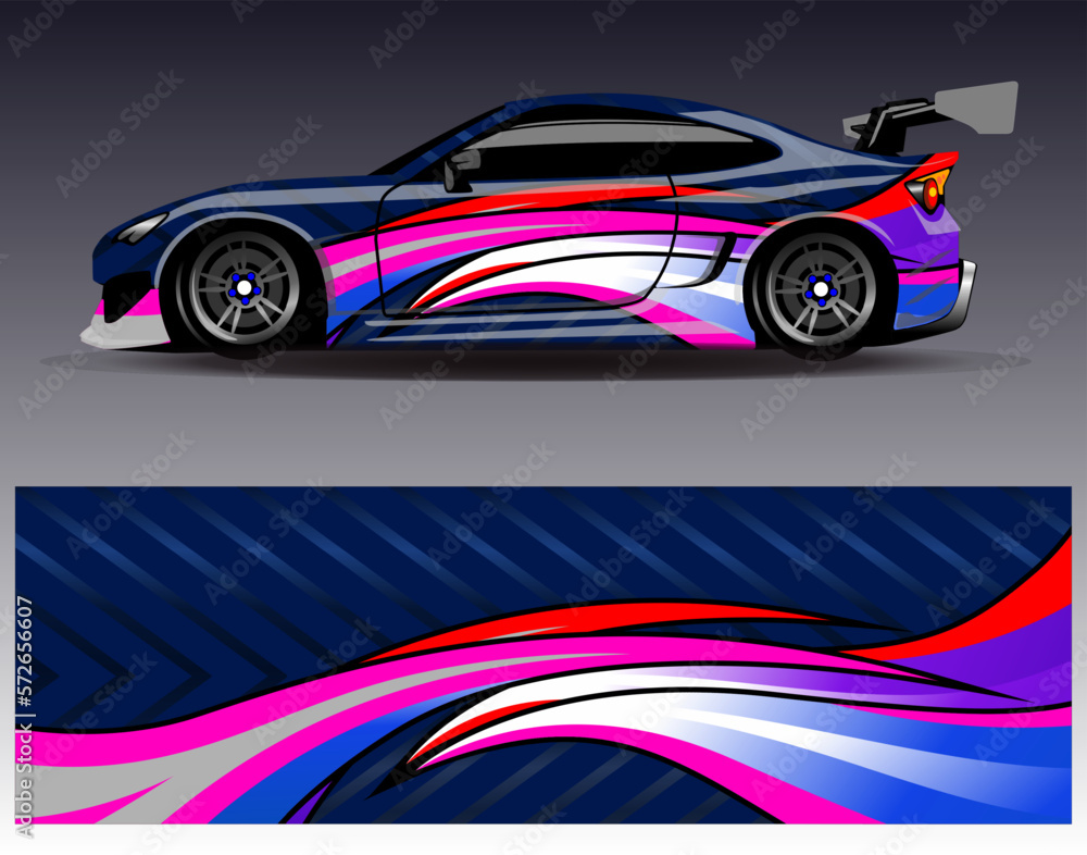 Fototapeta premium Car wrap design vector. Graphic abstract stripe racing background kit designs for wrap vehicle race car rally adventure and livery