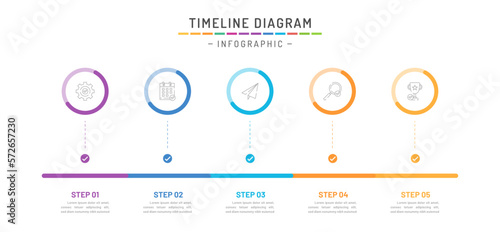 Presentation business infographic template. 5 steps modern timeline diagram with percent pie chart, vector illustration
