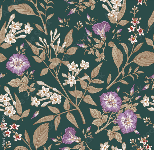 Seamless pattern. Beautiful fabric blooming realistic isolated flowers. Vintage background. Set Jasmine Petunia Croton wildflowers. Wallpaper baroque. Drawing engraving. Vector victorian illustration