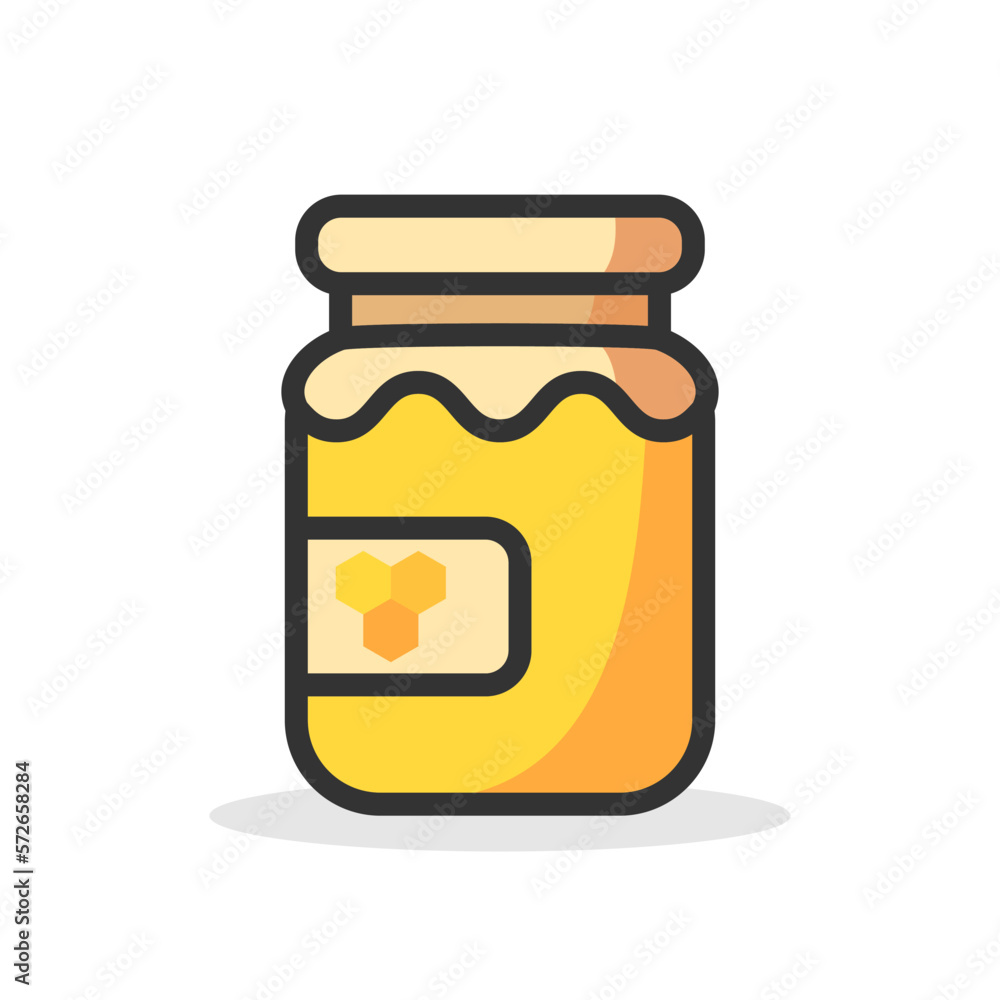 Honey jar icon on light background. Dessrt symbol. Bee, bear, sugar, pot signs. Outline, flat and colored style. Flat design. Vector illustration. Honey jar icon on light background. Dessrt symbol. Bee, bear, sugar, pot signs. Outline, flat and colored style. Flat design. Vector illustration.