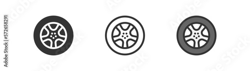 Wheel icon on light background. Automobile details symbol. Car, speed, service. Outline, flat and colored style. Flat design. Vector illustration.