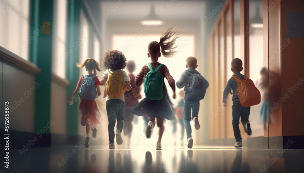 Fototapeta premium A group of schoolchildren with backpacks runs to school. Generative AI