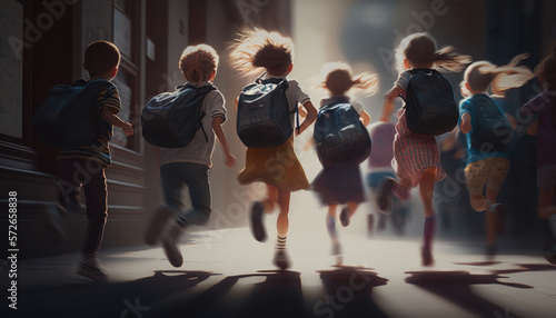 A group of schoolchildren with backpacks runs to school. Generative AI