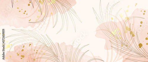 Luxurious wallpaper with watercolor, tropical palm leaf, golden splashes and exotic style. Abstract art gold tropical leaves vector background for print, decor, walls, fabric.