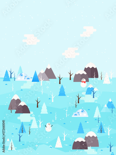 landscape vector illustrationWinter landscape vector illustration. Flat style trees and firs with village cottage houses and mountains. Nature scene poster or card.