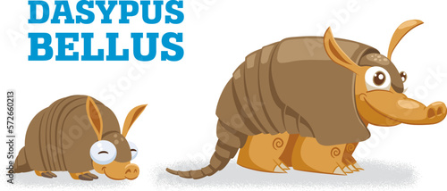 Cute armadillo family. Vector illustration of pleistocene baby, young and adult wild animals armadillo. Mascot figure for companies or events. Illustration for a children's book