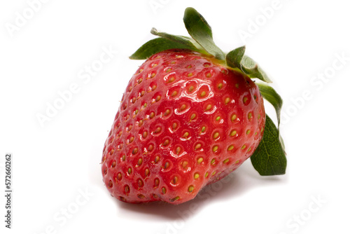 Indulge in the juicy details of this ripe strawberry, captured in stunning focus-stacking technique on a pure white background. Perfect for fresh and vibrant designs.