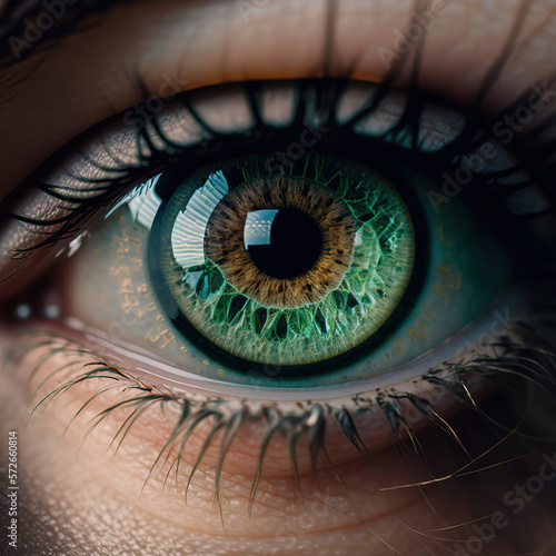 extreme close up of a beautiful green eye  woman   ai art illustration 