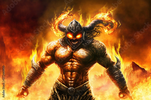 muscular demon warrior surrounded by flames  horns  hell  battle  fantasy  art illustration  
