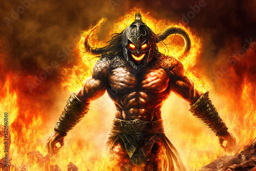 muscular demon warrior surrounded by flames, horns, hell, battle, fantasy, art illustration 