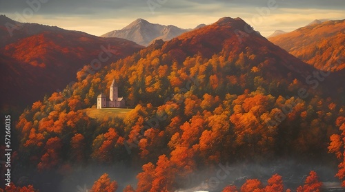 Nice landscape with a church on the hills covered with autumn forest, generative AI 