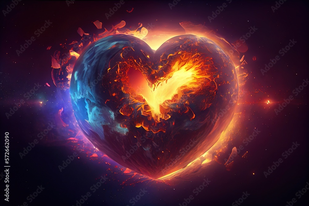 Planet earth in the form of a heart. The earth is on fire. Ecology and environment concept. Flaming heart. The heart-earth spews lava. Mother earth heartcore. Generative AI