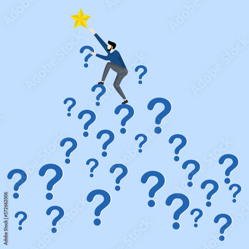 looking for a way out of a problem, a question to reach a goal,Businessman climbs a question mark to reach a star, Solve a problem to reach a goal, flat vector illustration