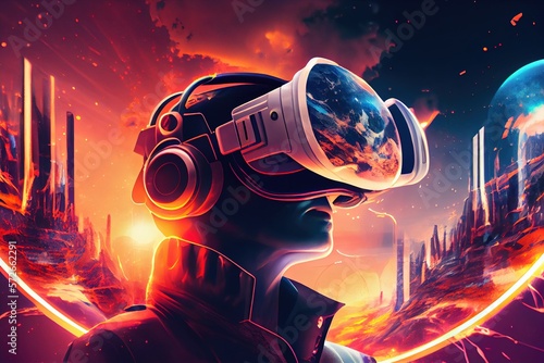 Metaverse and Blockchain Technology Concepts. Virtual Reality. Person Enjoying an Experiences of metaverse virtual digital technology game control with VR glasses, GameFi, defi. Generative AI
