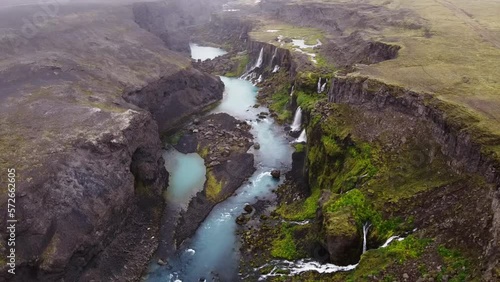 panorama of waterfalls at a blue glacial river in the icelandic highlands	
 photo