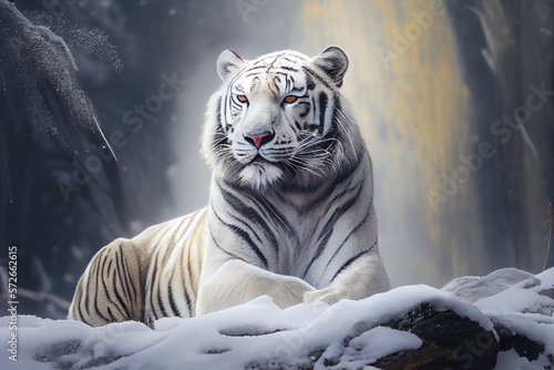 Portrait of a white tiger in the background of a snowy landscape. AI generated