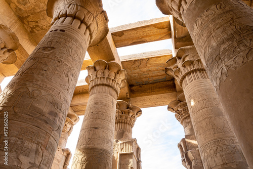 Temple of Kom Ombo. Pillars Decorated with Hieroglyphics. Kom Ombo in Aswan Governorate, Upper Egypt. Africa.  photo