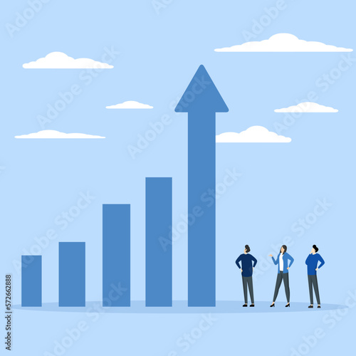 growth or progress concept to achieve goals and targets, Growing business is increasing, upgrading or developing to improve performance concept, business team looking up high rising graphic arrow.