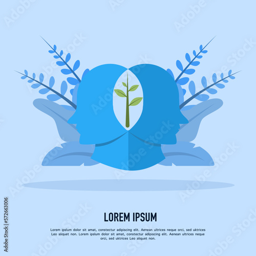 growth mindset, self-esteem, personal development, profile of human head and plant stem, cognitive psychology or psychiatry concept, mental health, positive thinking, flat vector illustration