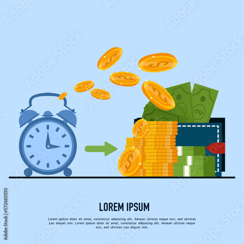 Time is money concept, Cash back, wallet with dollar sign and stopwatch, easy money, instant payment, fast money transfer, financial services, vector flat illustration