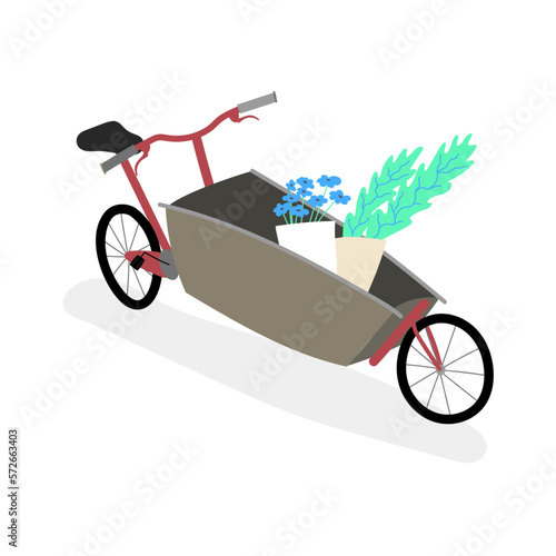 Cargo bike simple flat hand drawn style standing at the parking with home flowers in trunk. Advertisement vector illustration red and brown colors.