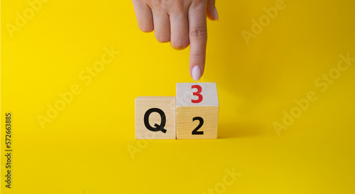 From 2nd Quarter to 3rd symbol. Businessman hand points at turned wooden cube with words 2nd Quarter and 3rd Quarter. Beautiful yellow background. Business and Quarter concept. Copy space