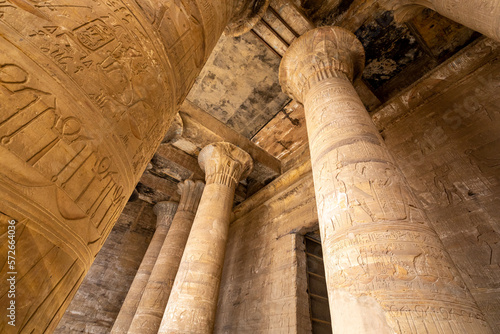 Horus Temple Numerous Stone Columns Decorated with Ancient Egyptian Gods. Ptolemaic Temple of Horus, Edfu, Egypt. Africa.