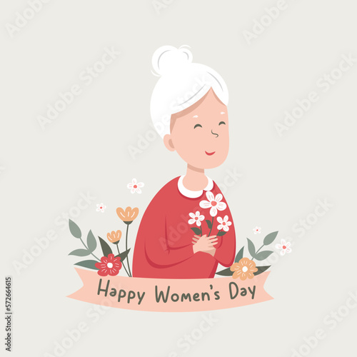 illustration for the day of March 8 grandmother with flowers