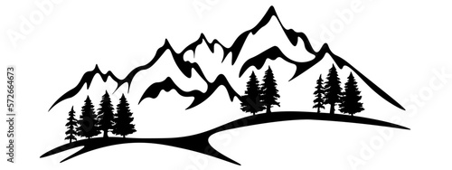 Black silhouette of mountains and fir trees landscape panorama illustration icon vector for logo, isolated on white background