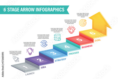 3D arrow infographic vector illustration. 6 steps business process concept.