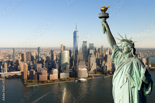 statue of liberty  New York panorama of Manhattan