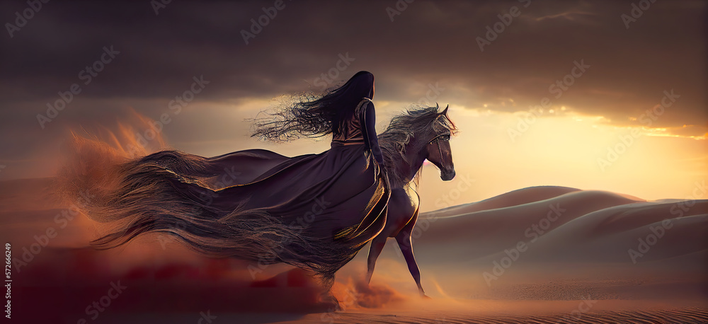 Desert Elegance Captured: Enchanting Rider amidst Sand & Sky. Enhance Projects with This Breathtaking Visual   