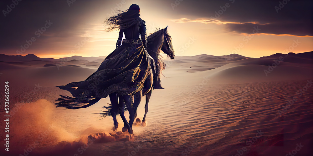 Enchanting Desert Elegance: Woman & Horse Amidst Golden Sands - A Mesmerizing Visual Tale. Find Only on Our Premium Collection  