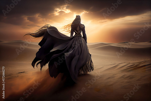 Desert Elegance in Motion: A Majestic Silhouette of a Cloaked Rider on a Graceful Steed Galloping Through Windswept Sands, Bathed in the Ethereal Glow of a Dramatic Sunset 