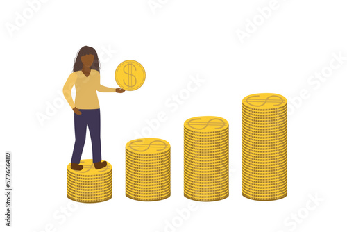 Black girl freelancer earns coins. Stacks of dollar coins in ascending order. Climbing the career ladder. Economic growth concept
