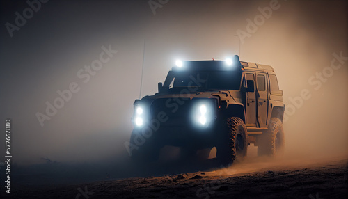 Armored SUV n in desert with led bar on roof at night