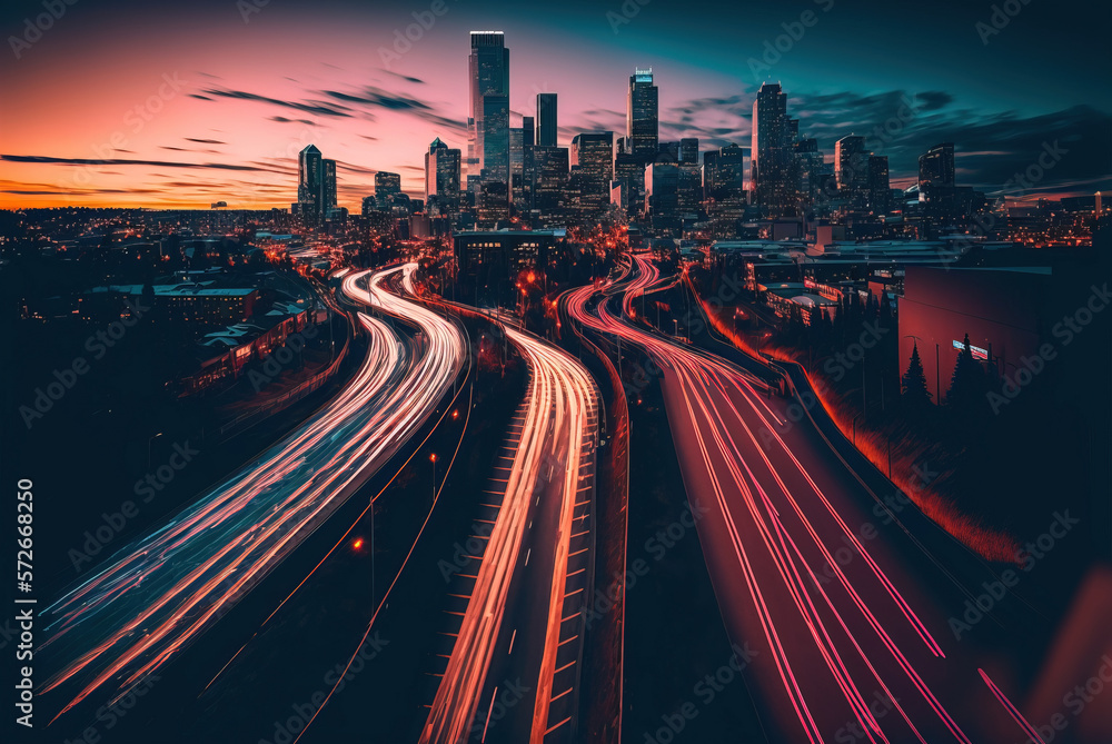 Background double exposure of night traffic in a modern city, in red orange colors, red sunset, night. AI