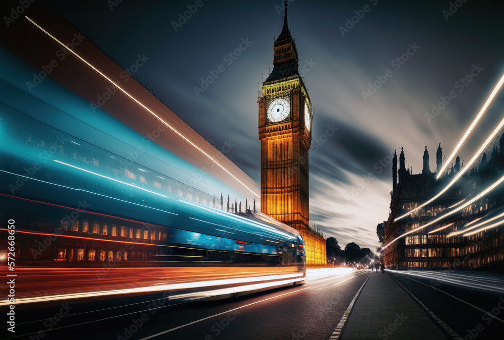 Night scene with Big Ben and Houses of Parliament with light and long exposure. AI