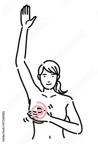 腕を上げて胸を触ってセルフチェックしている女性
