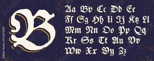 Blackletter alphabet with line shadow. Medieval drop caps. Vintage illuminated initials set. Horror gothic icon font.