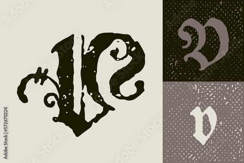 V letter drop cap logo. Illuminated initial and blackletter uppercase and lowercase.