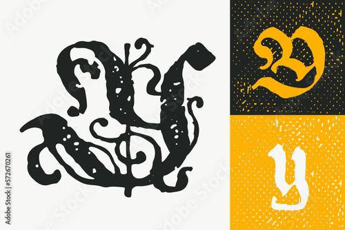 Y letter drop cap logo. Illuminated initial and blackletter uppercase and lowercase.