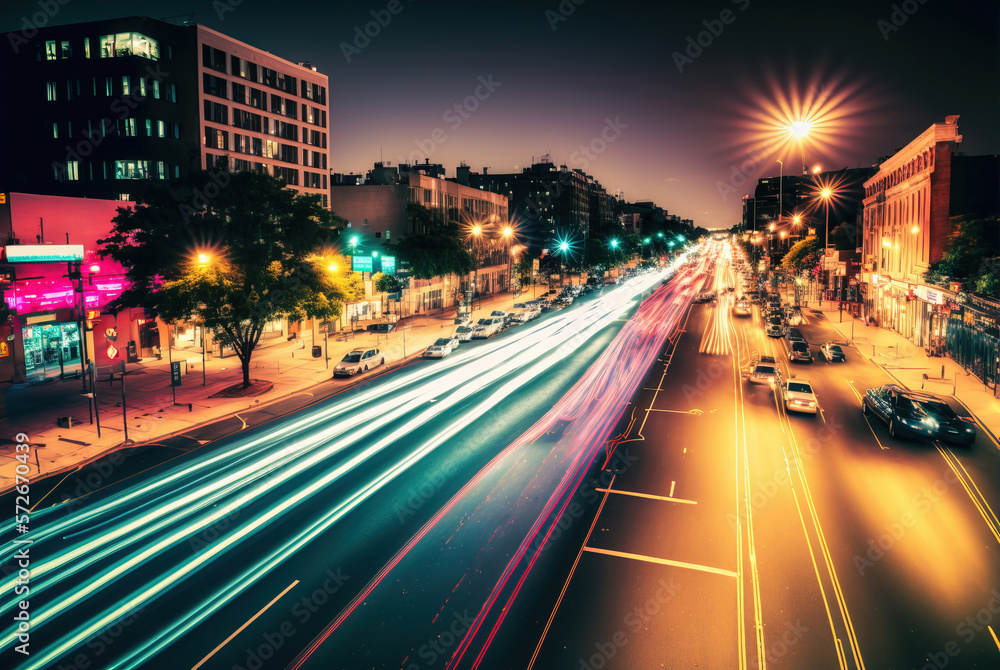 a city street with a bus and cars moving fast at night time with long exposure of the lights on the street. AI