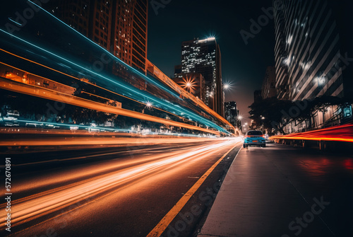 a city street with a bus and cars moving fast at night time with long exposure of the lights on the street. AI © Вячеслав Герц