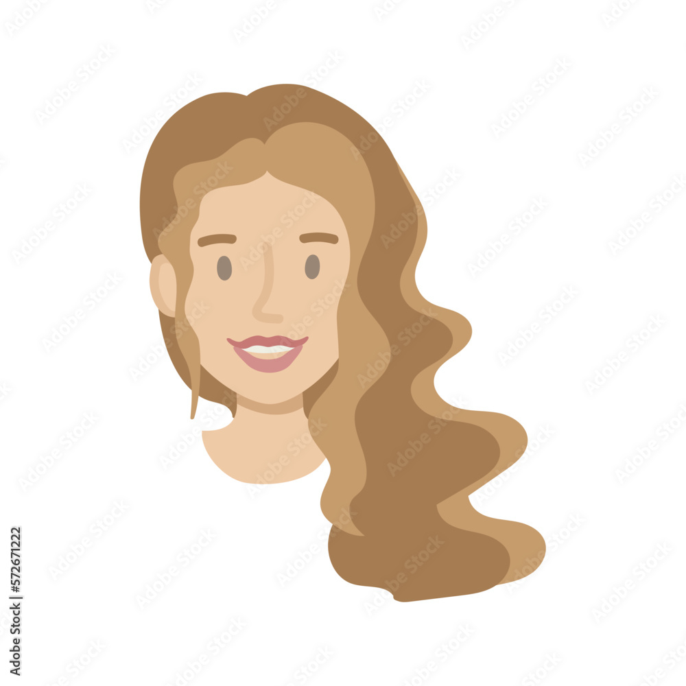Girl face flat. Friendly young woman with long wavy brown hair. Hand drawn vector illustration. Girl face flat. Friendly young woman with long wavy brown hair. Hand drawn vector illustration.