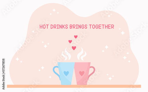 Two cups of hot drinks for couples in love. Special romantic cups with hearts.  