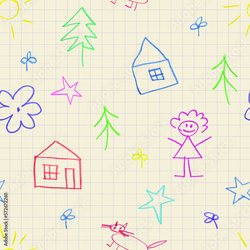 Doodles. Primitive child drawingon sheet of a notebook. Seamless pattern.