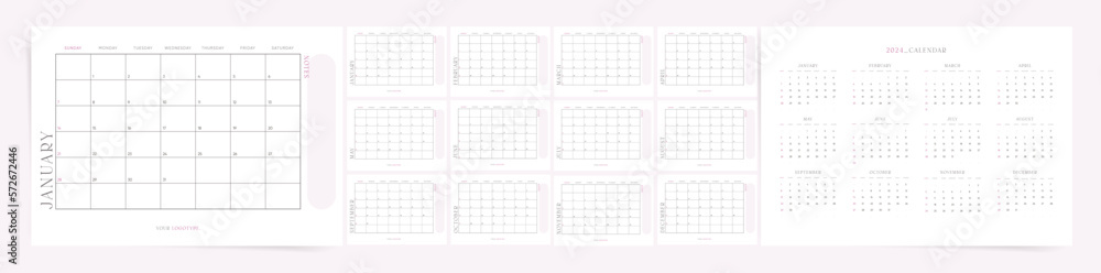 Calendar template for 2024 year. Week starts on Sunday. Simple planner with notes place. horizontal print pages. 2024 calendar in minimalist style. English Vector calendar template for 2024 year.