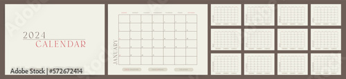 Aesthetic desk calendar template for 2024 year. Week starts on Sunday. Boho typography design planner. Vintage decorative calendar. 2024 planner with grids and notes. English vector calendar.