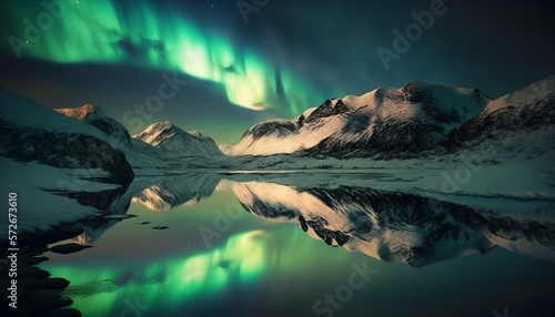 Winter Wonderland: Aurora Borealis Above Snowy Mountain and Tranquil Waters, Generative ai